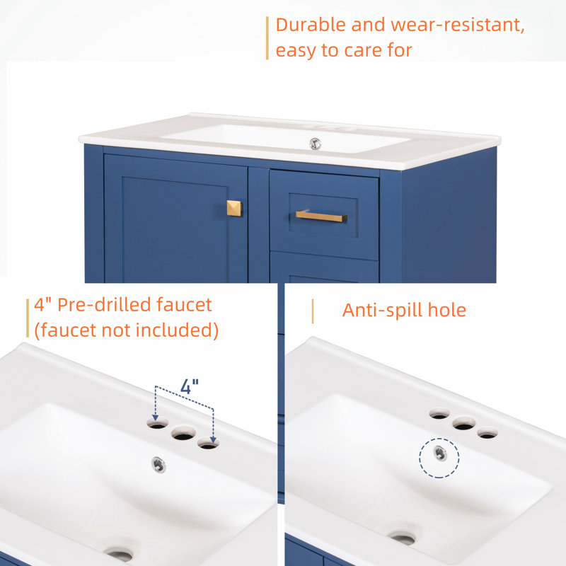 Nayelli Solid Pine Frame Bathroom Vanity with Ceramic Sink, Bathroom Storage Cabinet with 1 Silent Close Door and 3 Drawers