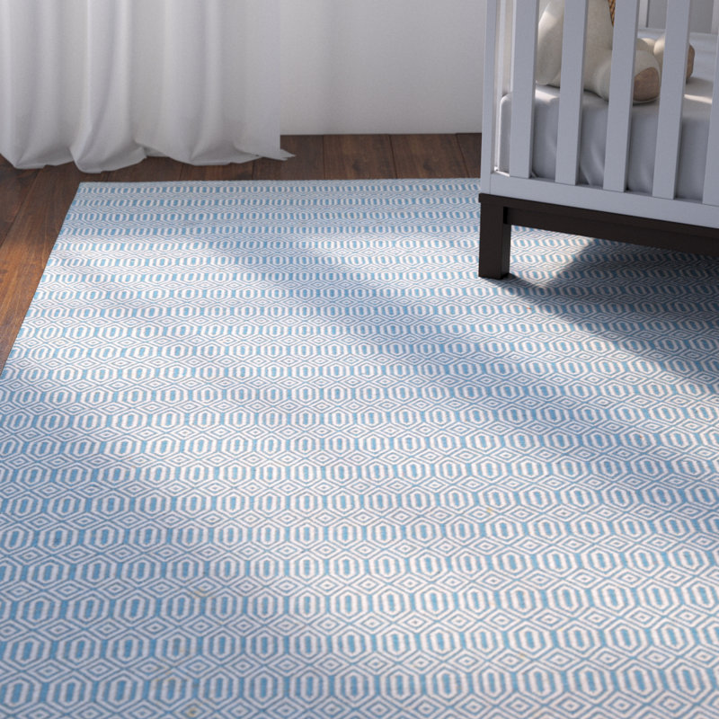 Tapis bleu / ivoire tissé à la main à plat, Rectangle 8 pi x 10 pi