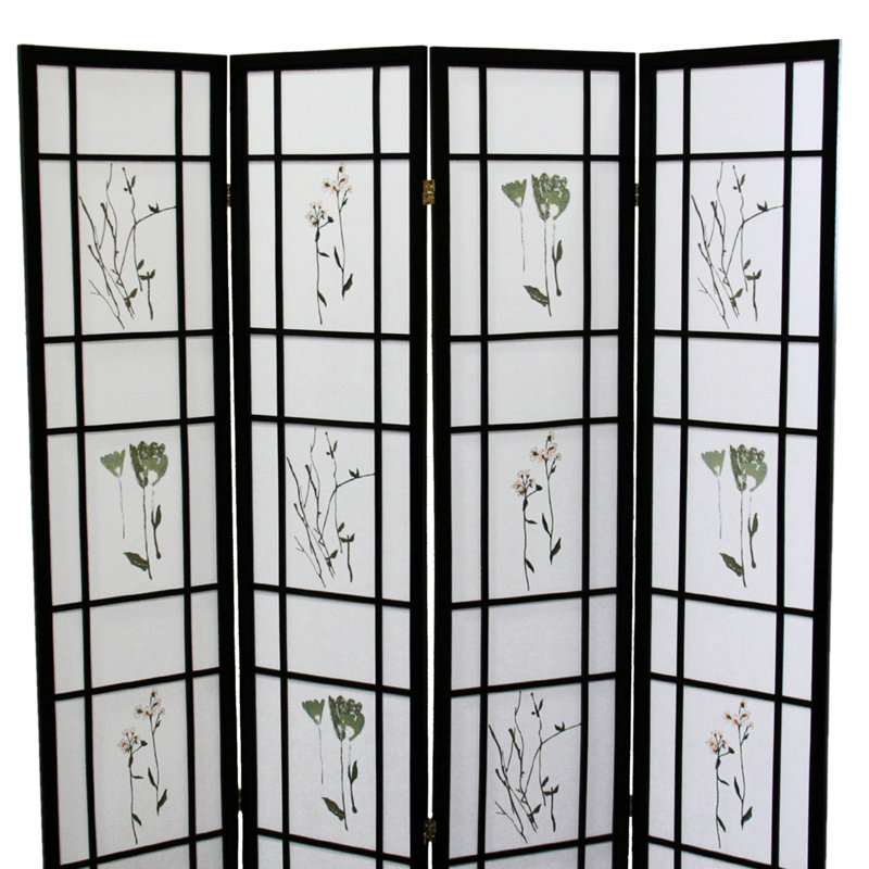 Paravent 4 écrans, 70 po de hauteur, noir avec écran imprimé complexe, motif floral asiatique