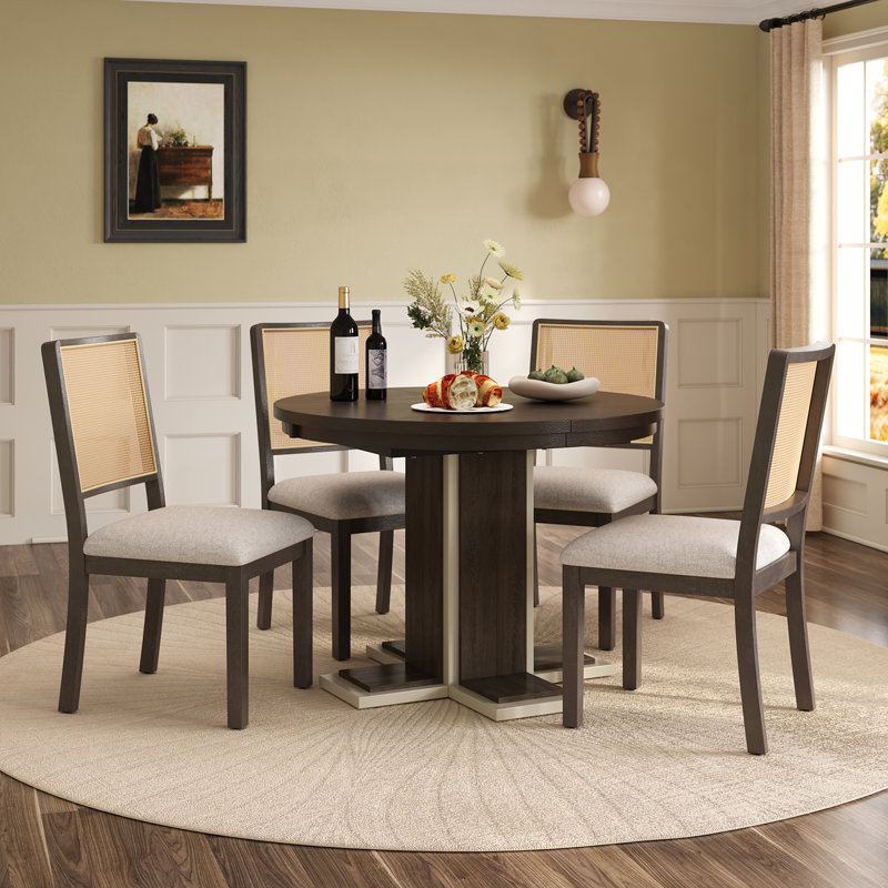 Round Dining Table For 4 With Chairs Set, Extendable Dining Table Set With 16" Removable Middle Leaf 5 Piece Retro Dining Table Set Double Layer Design For Kitchen Dining Room