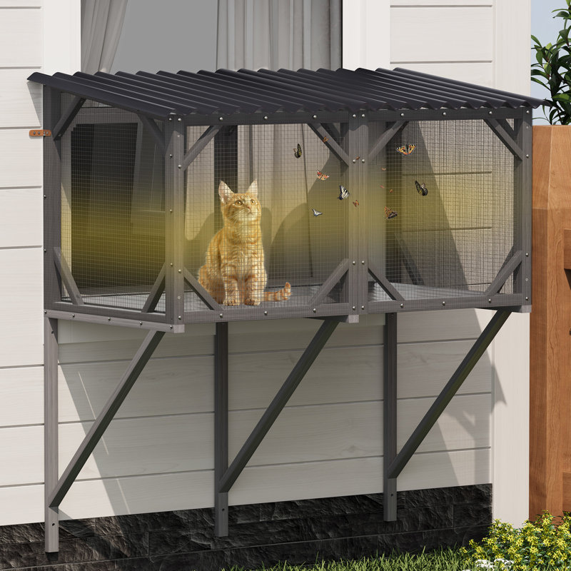 Perchoir pour fenêtre 43,3 po - toutes saisons, espace spacieux pour les chats, boîte de rangement extérieure à 3 côtés avec toit imperméable, s'adapte à la plupart des fenêtres, style classique