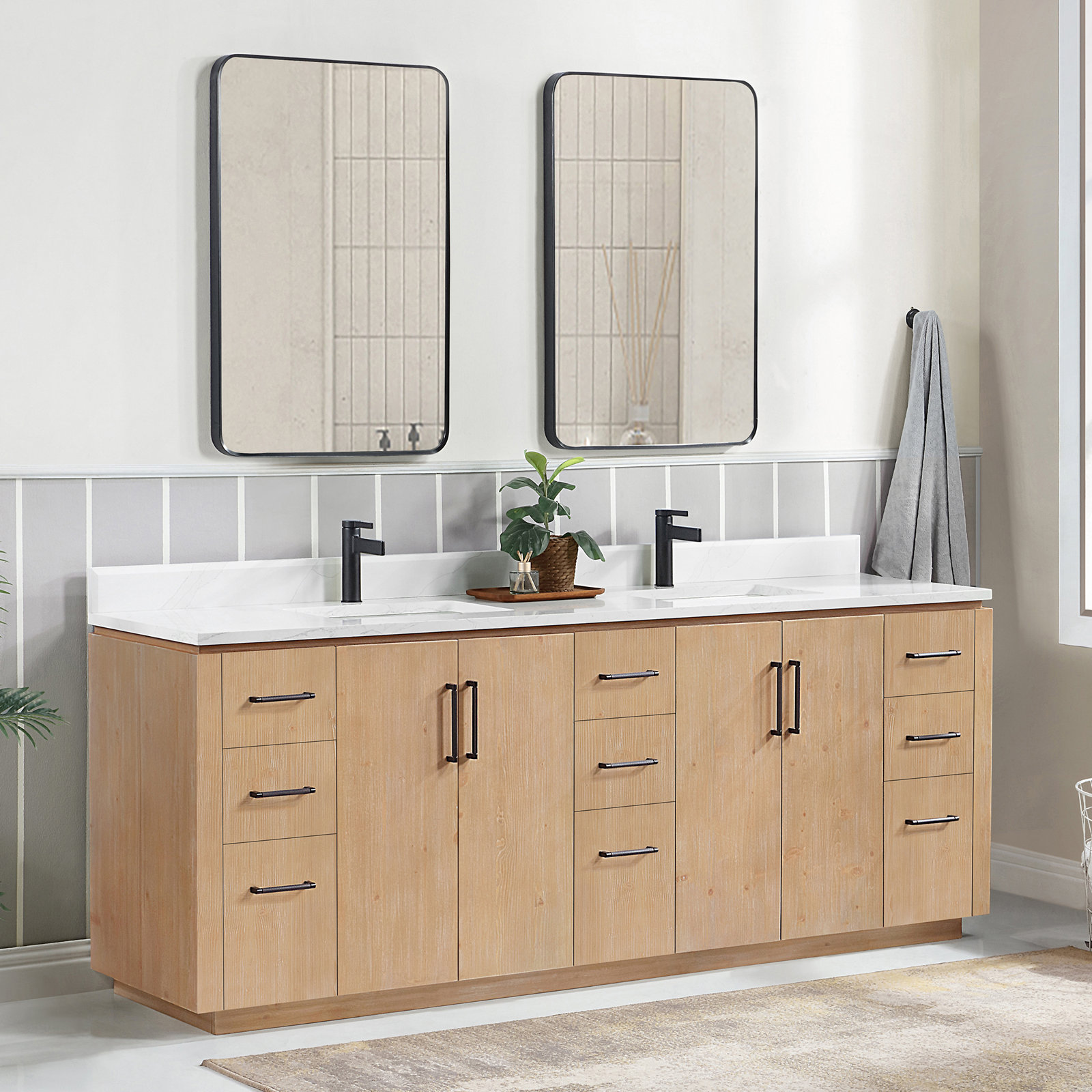 Cloverfield 84'' Double Bathroom Vanity, Fir Wood Brown, Matte Black
