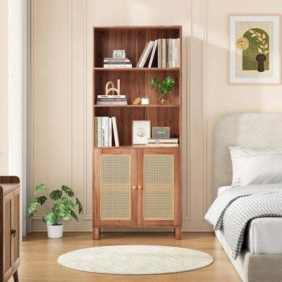 Bookcase with Rattan Doors,5 Tier Storage Wood Shelves