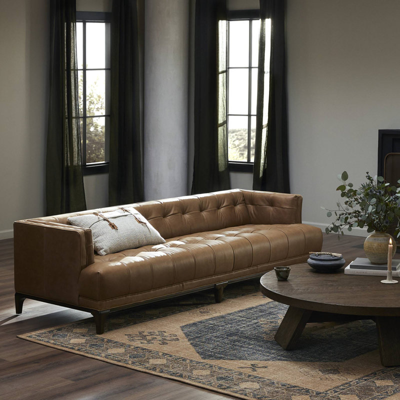 Canapé touffeté 91 po Bari, Velours bleu saphir bleu marine, Brun Sienna