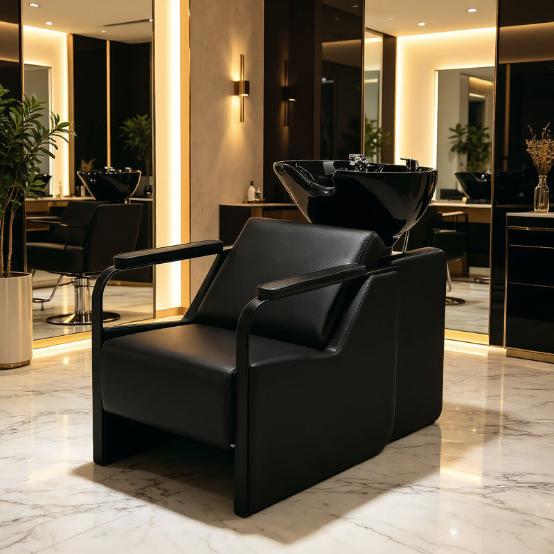 Fauteuil de shampooing réglable avec repose-nuque, fauteuil de lavage avec bol à shampooing en céramique,, Noir