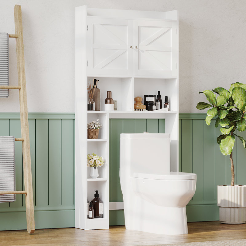 Armoire de rangement au-dessus de la toilette avec tablette réglable, économiseur d'espace de salle de bain avec portes doubles et tablettes ouvertes, support de rangement de toilette autoportant pour le rangement de la salle de bain - Blanc