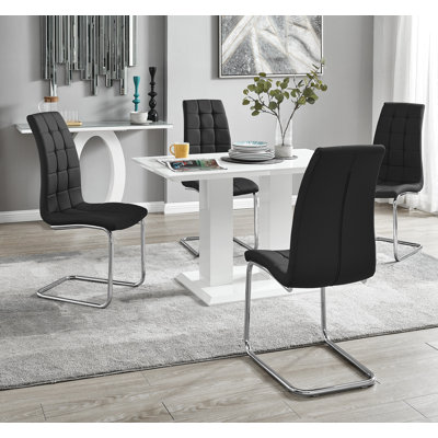 Eubanks High Gloss Double Pillar Dining Table Set with 4 Luxury Faux Leather Dining Chairs