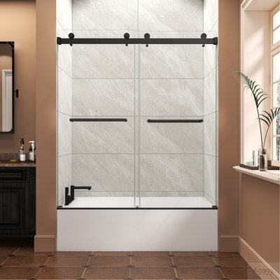 55"-60" W x 60" H Matte Black Reversible Installation Double Bypass Sliding Shower Door Easy Installation Frameless Bathtub,5/16"(8MM) Tempered Glass With Nano Explosion-proof Film