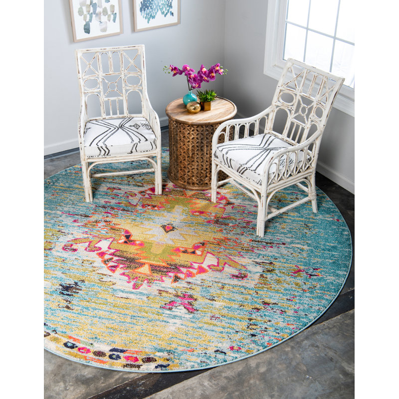 Tapis turquoise Jahanna, Rond 6 pi 1 po