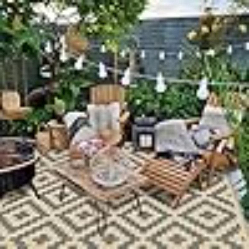 Reversible Mats, Plastic Straw Rug, Modern Area Rug, Large Floor Mat And Rug For Outdoors, RV, Patio, Backyard, Deck, Picnic, Beach, Trailer, Camping, Grey & Tan, 5' X 8'