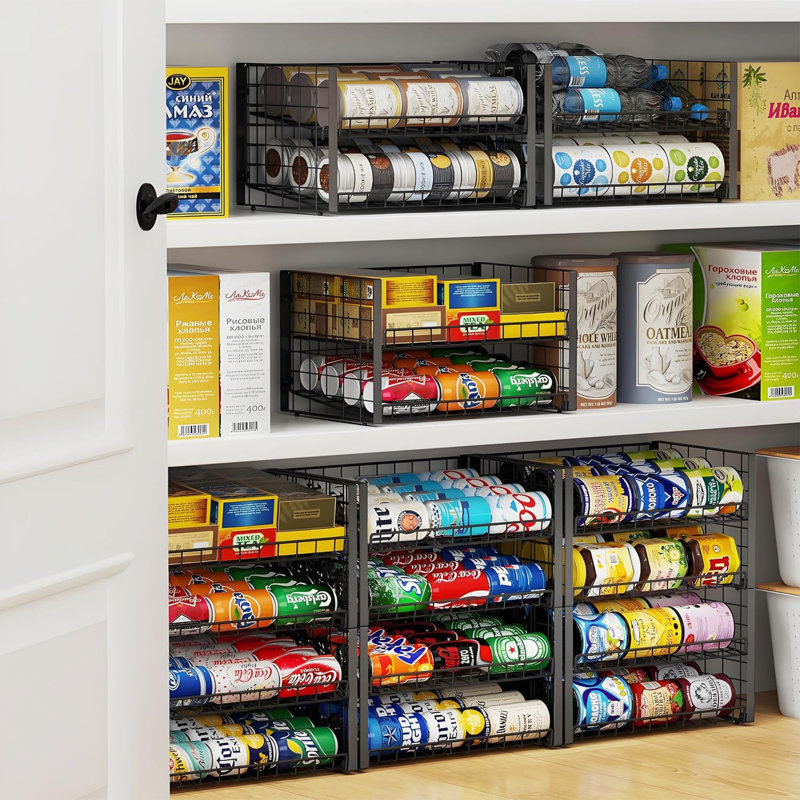 Organisateur de bidons empilable à 2 niveaux pour garde-manger JKsmart, distributeur de canettes réglable pouvant contenir jusqu'à 62 canettes, support de rangement pour diverses onces de boissons gazeuses en conserve, noir