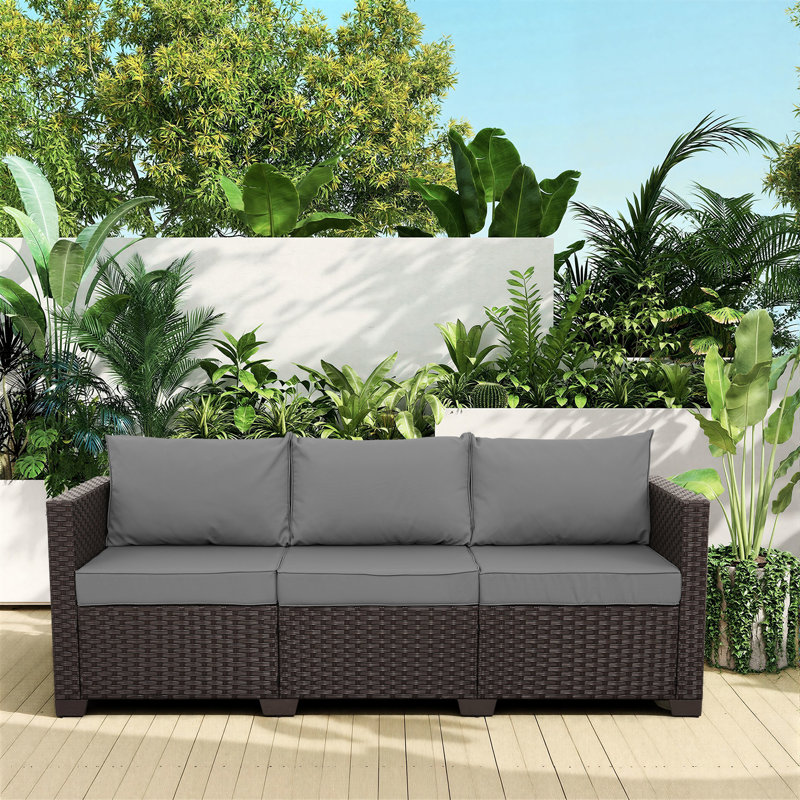Ailina 79'' Wide Outdoor Wicker Patio Sofa with Anti-slip Cushions and Waterproof Cover, Dark Gray, Brown