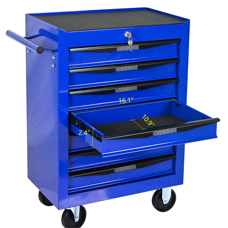 Coffre à outils 20 po 7 po, chariot roulant en acier avec glissières de tiroir à roulement, noir et bleu, verrouillage par clé, 4 roulettes universelles pour chariot d'atelier d'organisation de garage, matériau métallique, mécanisme de verrouillage
