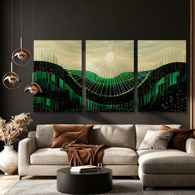 Ensemble de 3 toiles abstraites modernes représentant un soleil et une montagne verte - Décoration de salon