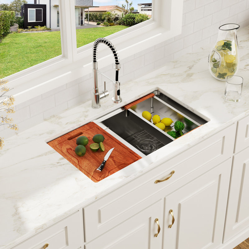 Évier de cuisine 32 pouces à double cuve encastrable en acier inoxydable calibre 16 avec accessoires 32 pouces Workstation Ledge