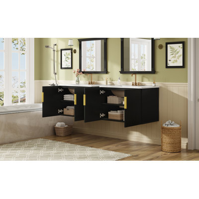 Meuble-lavabo de 60 po avec lavabo en céramique, lavabo simple en céramique à 3 trous, meuble-lavabo avec 2 portes à fermeture douce