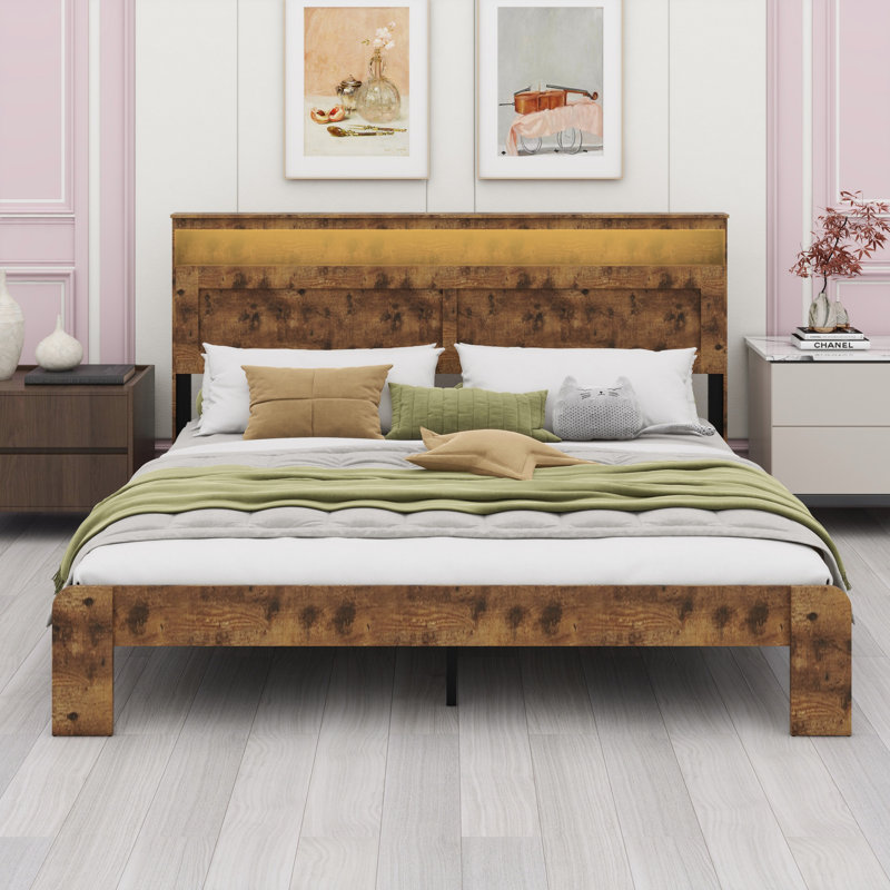 Structure de lit plateforme en bois avec tête de lit à DEL avec rangement et 2 USB, grand rangement sous le lit, Grand