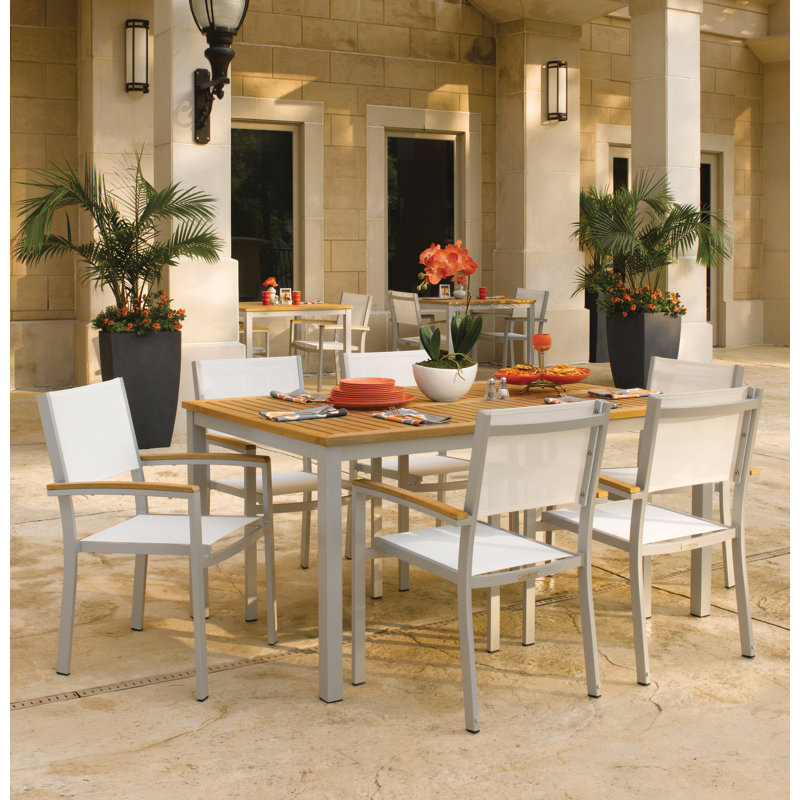 Travira Stacking Patio Dining Chair, Titanium Basketweave, Tekwood Natural, Flint