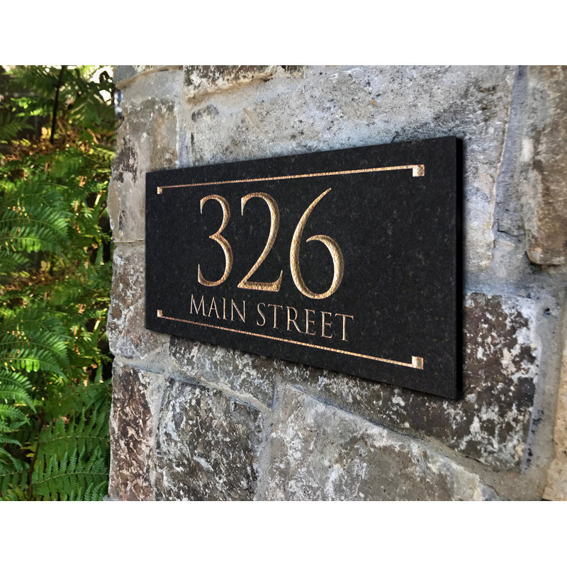 Black Granite Rectangle Trajan Engraved 2-Line Address Sign, Gold, Yes