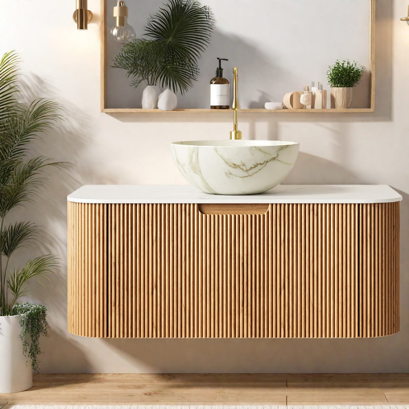 Meuble-lavabo flottant moderne avec lavabo en céramique et rangement incurvé