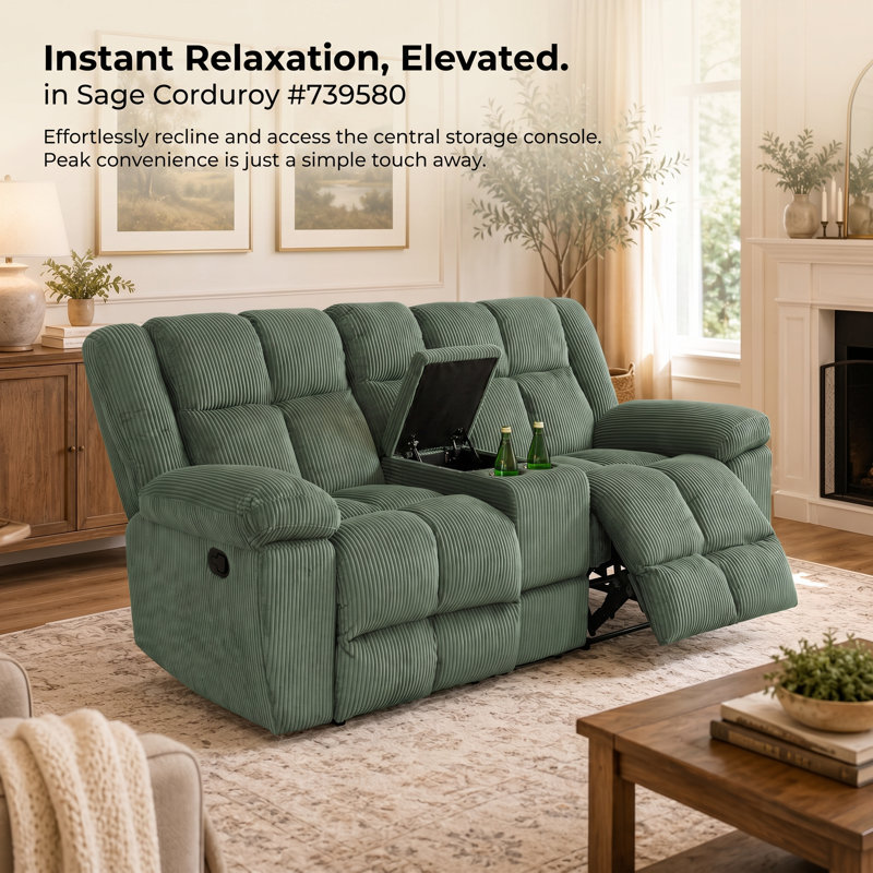 Causeuse inclinable électrique en tissu vert moderne avec sièges moelleux, dossiers de soutien et console centrale, Green