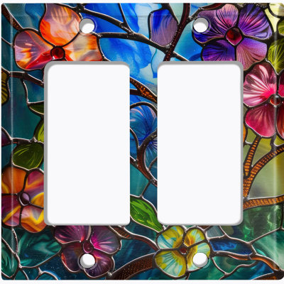 Metal Light Switch Plate Cover; US Standard Size 2 Gang GFI Rocker - Image of Stained Glass Colorful Flowers