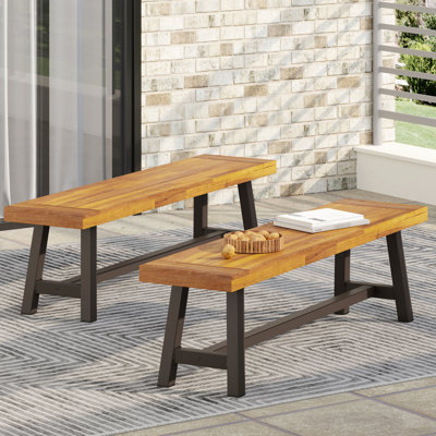Outdoor Dining Benches Pair, Rustic Wood, Modern Industrial Slat Panel Design, Brown 2 Benches, Top, Brownish