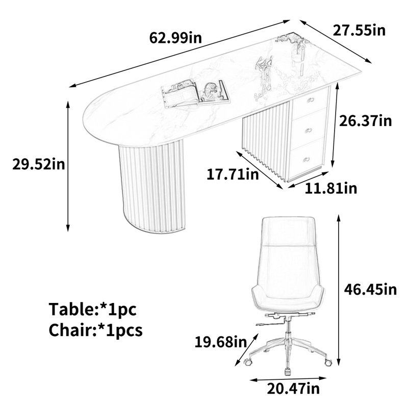 Bureau élégant et stylé, H 29,52 po x l 62,99 po x P 27,55 po