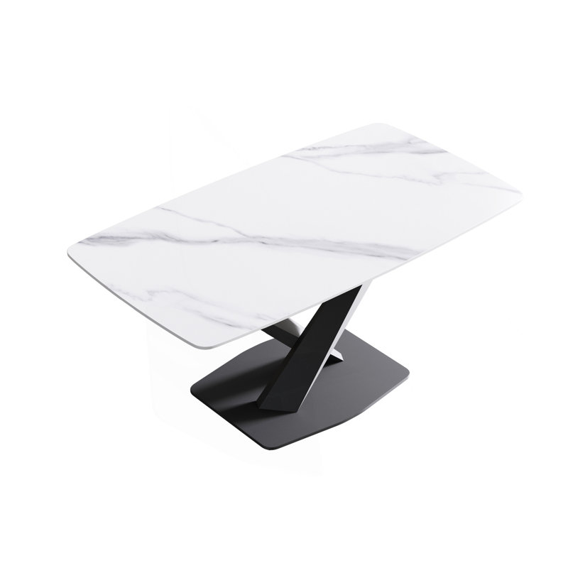 63"Modern Artificial Stone White Curved Black Metal Leg Dining Table -6 People, Black, White, 29.53" H x 63" W x 31.5" D