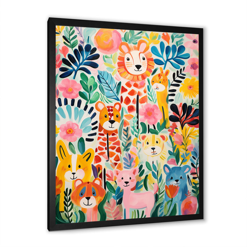 Motif d'animaux de chambre de bébé coloré IV - reproductions encadrées, Cadre photo noir, H 44 po x l 34 po x P 1,5 po