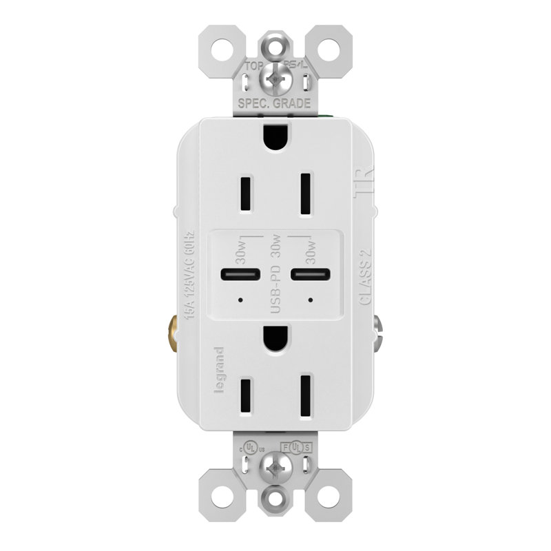 radiant 15A Tamper-Resistant with Ultra-Fast 6.0A USB PLUS Power Delivery Type C/C Outlet, White
