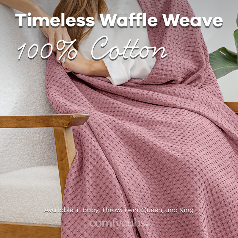 Comfy Cubs 100% Cotton Waffle Weave Throw Blanket Breathable Skin-Friendly Soft Lightweight, Textured Blanket, Queen, Mauve
