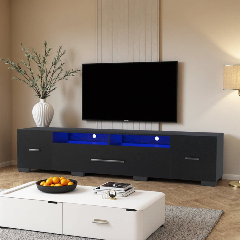 Console à DEL 82,7 po RVB avec armoires de rangement - Télécommande et application, couleur RVB complète, 31 modes d'éclairage, centre de divertissement moderne pour téléviseurs de 80 po