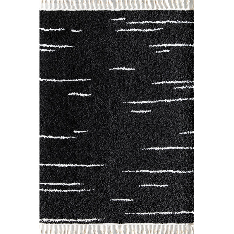 Introspective Black Abstract Shag Synthetic Area Rug with Braided Tassels
