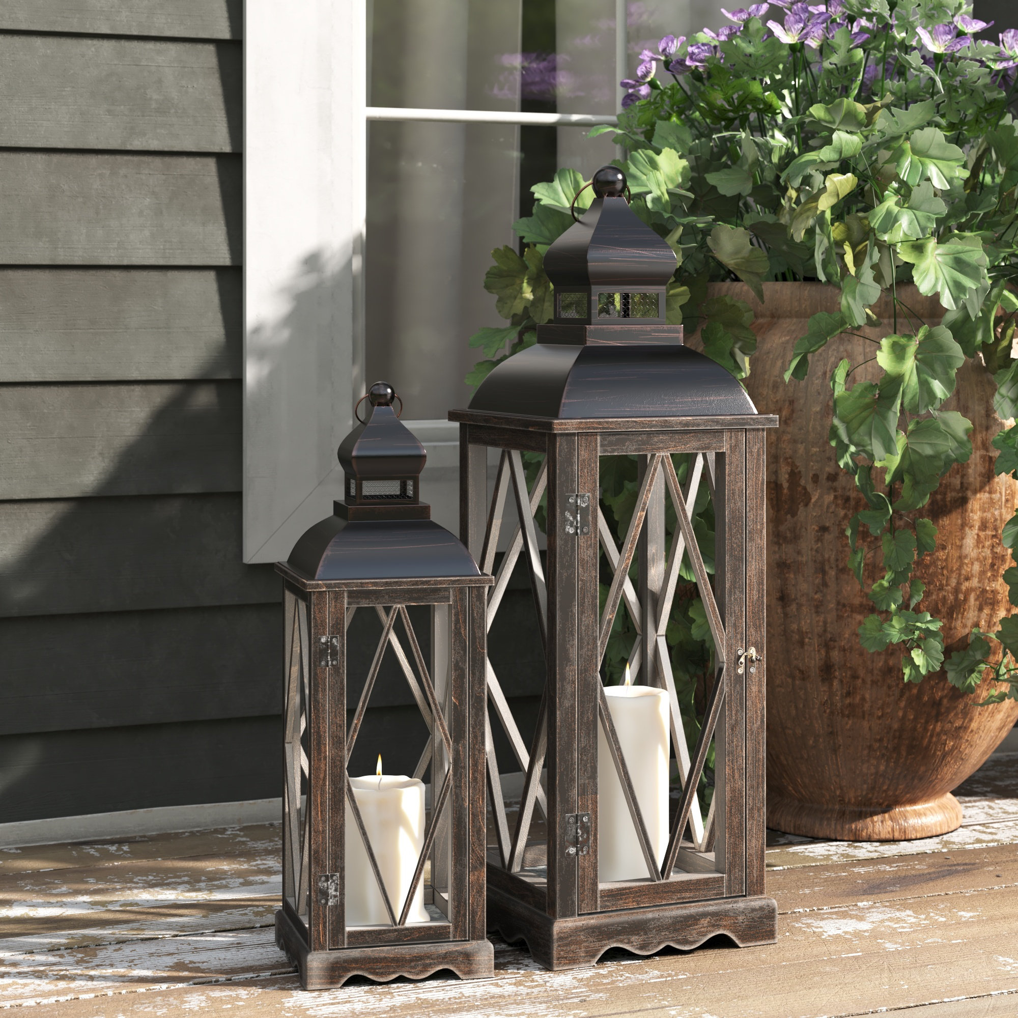 Three Posts Medders Farmhouse Diamond Antique Tabletop Lantern Set & Reviews | Wayfair