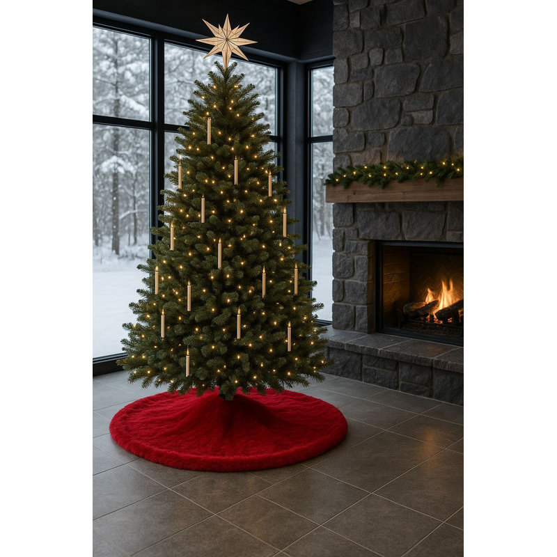Tapis festif pour arbre de Noël, rouge, 59,1 po x 59,1 po | 100% polyester, lavable à la machine à 68 ° F | Comprend 8 rubans décoratifs | Parfait pour la décoration des Fêtes et pour créer une atmosphère joyeuse dans votre maison