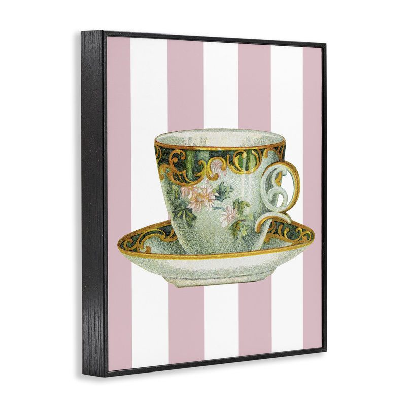 Élégante tasse à thé sur fond rayé rose, estampe numérique, design par Lil 'Rue, H 14 po x l 11 po