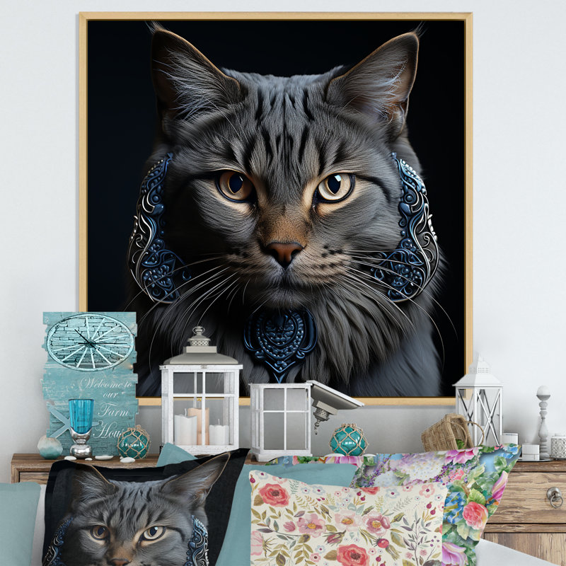 Portrait de chat Chartreux - impressions sur toile de chat, Cadre naturel flottant, H 24 po x l 24 po x P 1 po