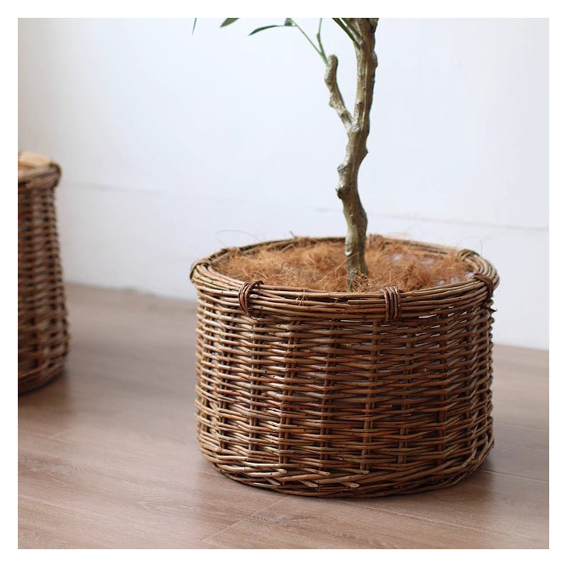 Rustic Round Wicker Planter with Liner, 13.3" H x 19" W x 19" D