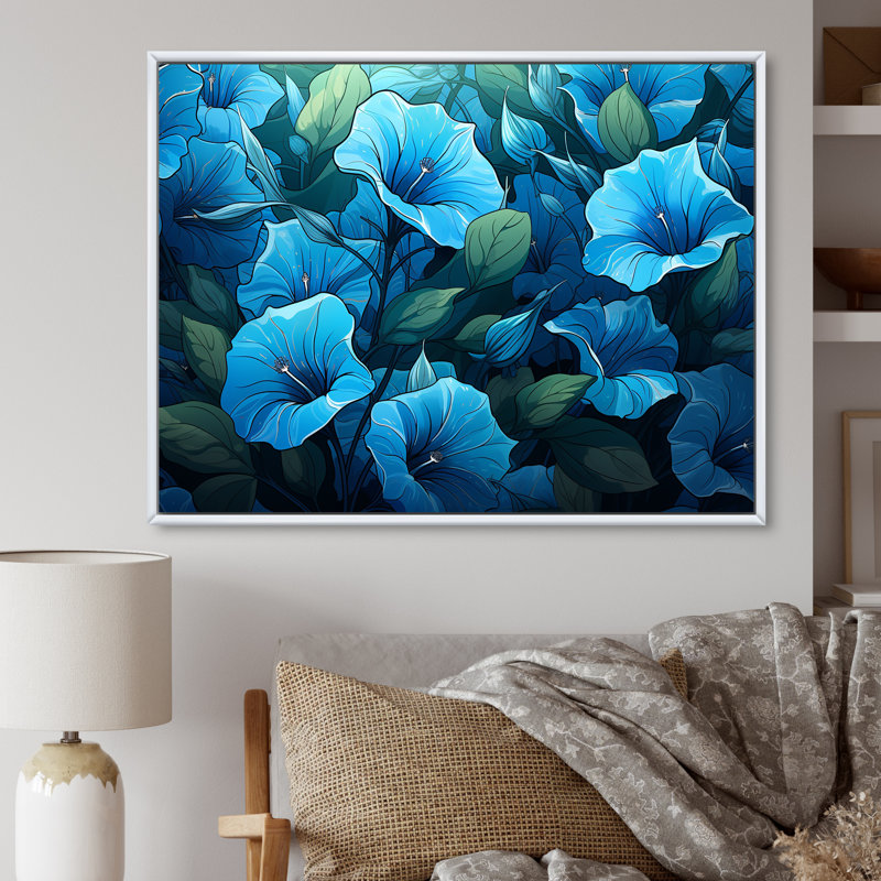 «Blue Morning Glory Blossom Burst - Morning Glory», art mural, Cadre flottant blanc, H 44 po x l 34 po x P 1,5 po