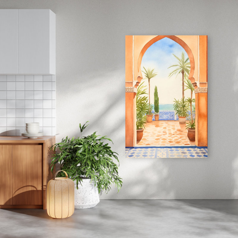 Affiche murale côtière abstraite avec arche marocaine, vue sur l'océan et palmiers., H 60 po x l 40 po