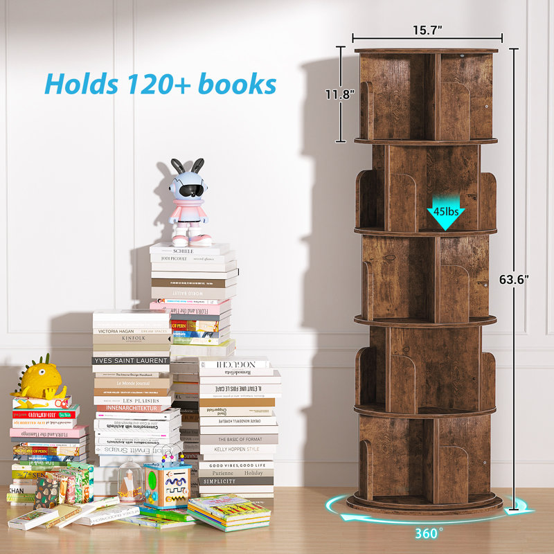 5 Tier Rotating Bookshelf, 360° Rotating Bookcase For Small Space, Corner Bookcase For Bedroom, Living Room, Study Room