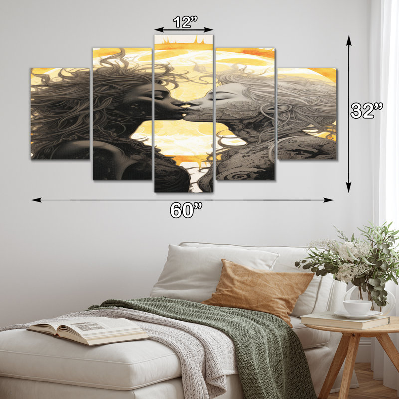 Amoureux s'embrassant au soleil - Illustration rétro sur toile - 5 panneaux muraux