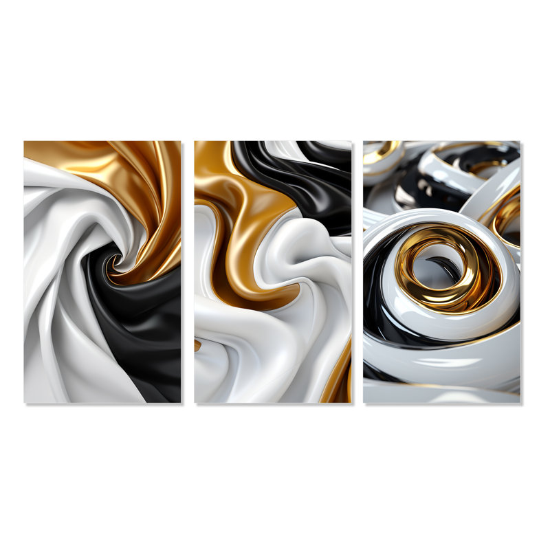 Liquide, spirale abstraite, or, noir et blanc - Ensemble de 3 formes d'art abstrait, H 32 po x l 48 po, Toile tendue