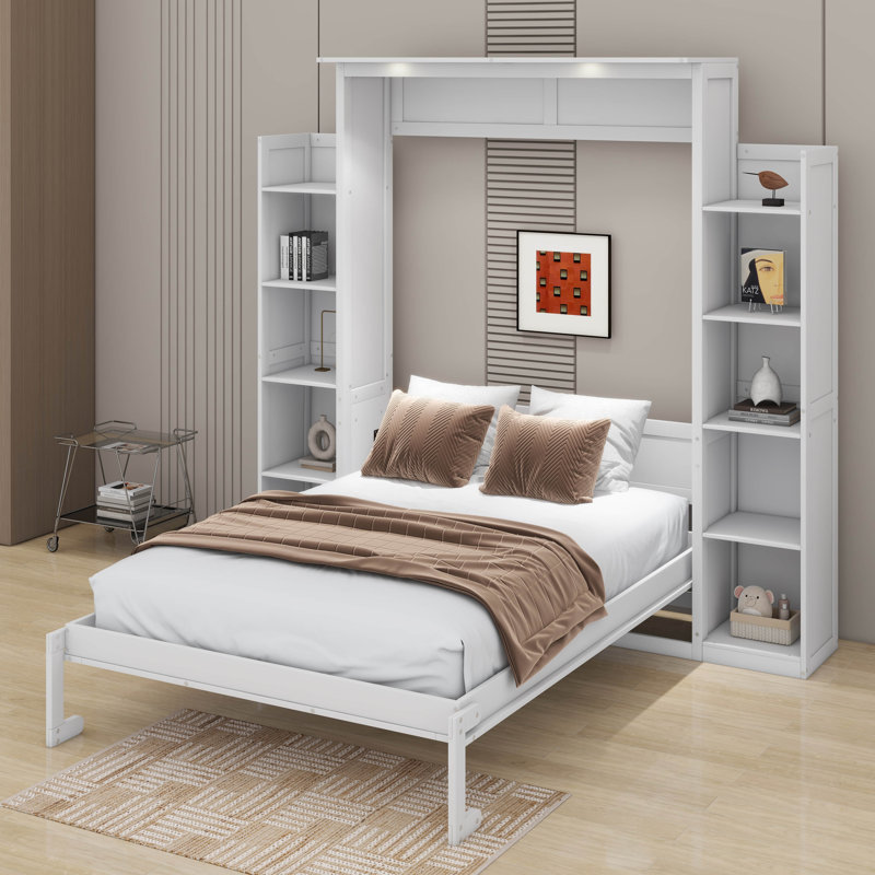 Lit escamotable double avec tablettes et DEL, Blanc