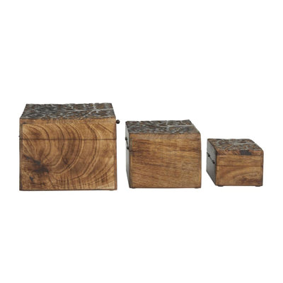 Ensemble de boîte décorative florale en bois de manguier brun avec couvercle à charnière Doody