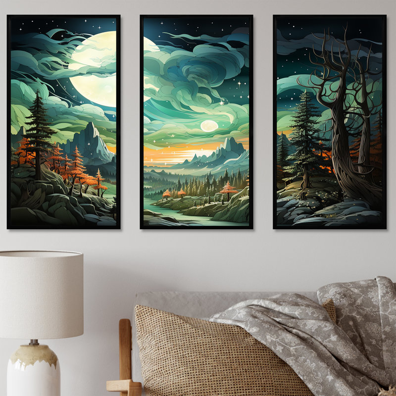 Montagne majestueuse, nuage, forêt I - forêt et rivière, art mural, Cadre flottant noir, H 32 po x l 48 po x P 1 po