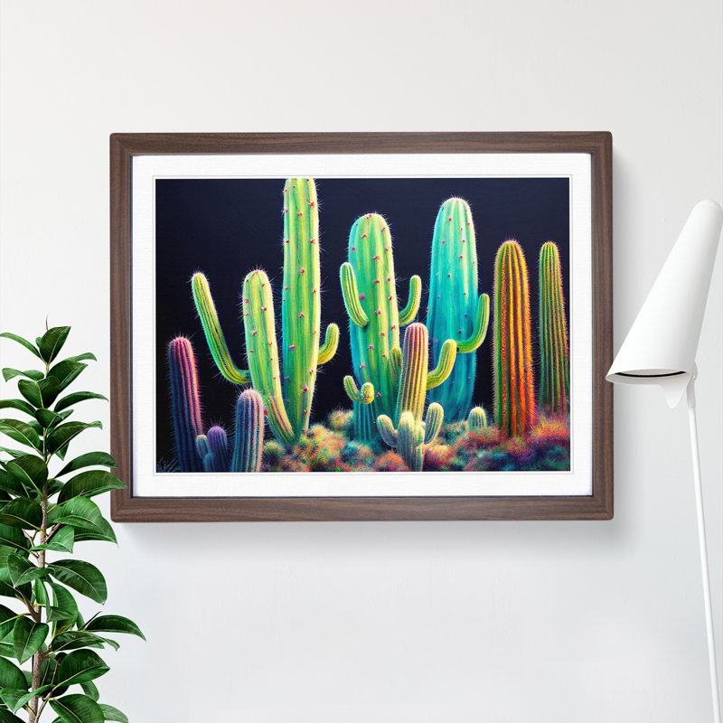 Colourful Cactus - Single Picture Frame Print, 46cm H x 64cm W x 2cm D, Walnut