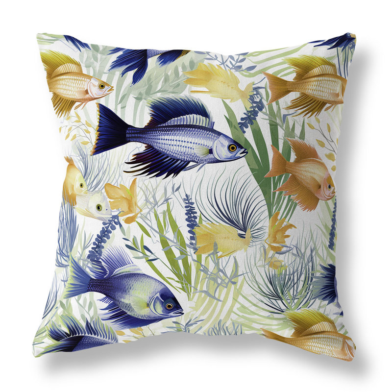 Oreiller réversible intérieur / extérieur Fish Paradise, Bleu/doré, H 26 po x l 26 po