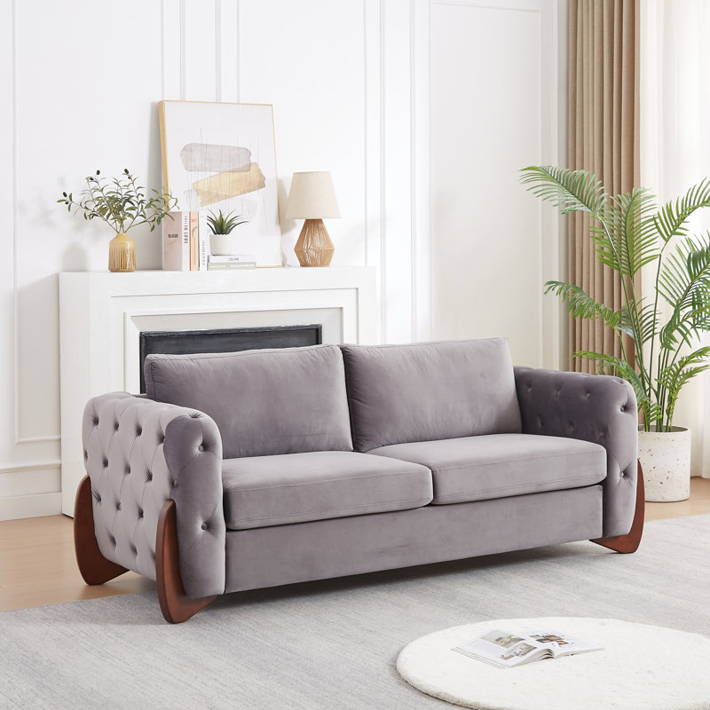 Canapé 84 po en velours 84 po, capitonné, pieds en bois courbés, 2 pièces, Gris